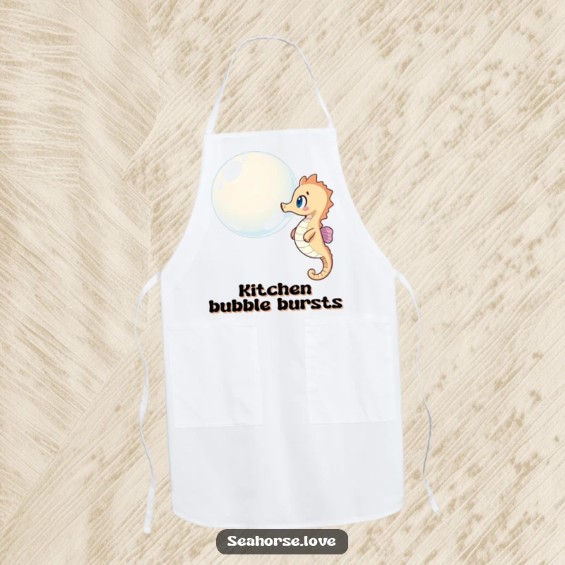 Funny apron showing a surprised seahorse watching a giant bubble float by, a whimsical kitchen accessory.