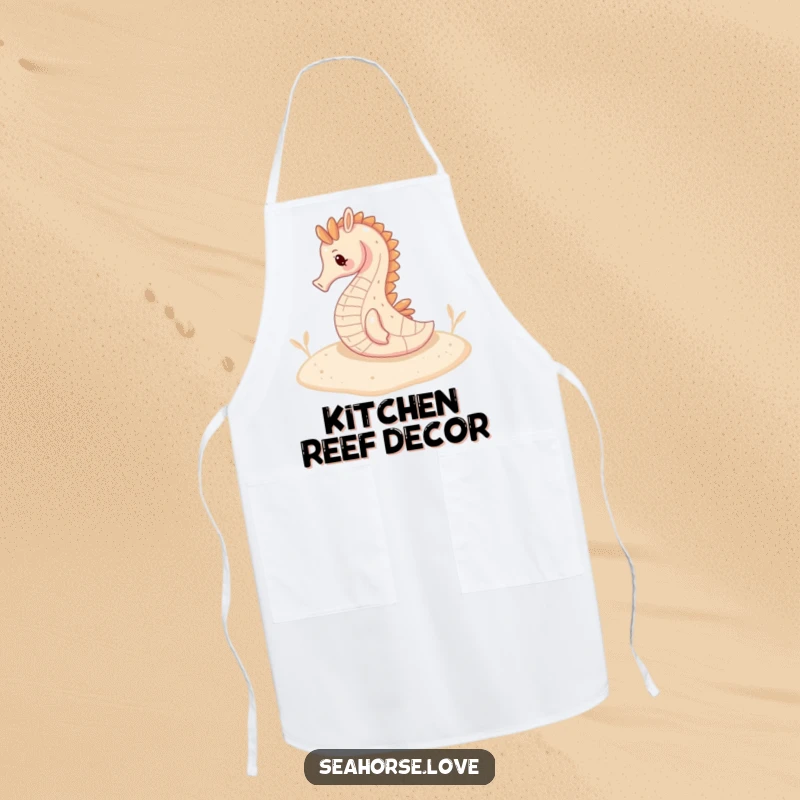 Funny apron showing a serene seahorse resting on a sandy seabed, adding coastal calm to your kitchen.