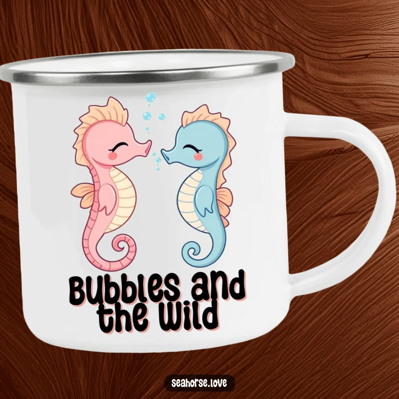 Durable enamel camping mug featuring a funny giggling seahorse blowing bubbles, perfect for outdoor adventures and humorous enjoyment.