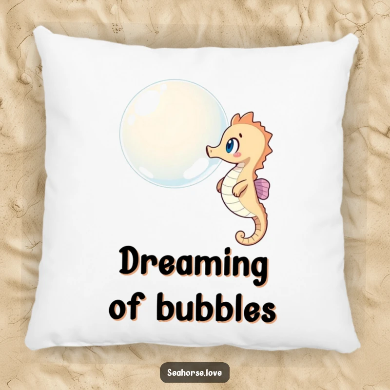 Funny pillow featuring a surprised seahorse observing a giant bubble floating by, perfect for ocean-themed decor.