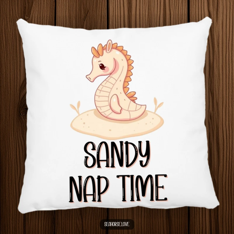 Funny pillow featuring a serene seahorse resting on a sandy seabed, perfect for adding tranquil decor.
