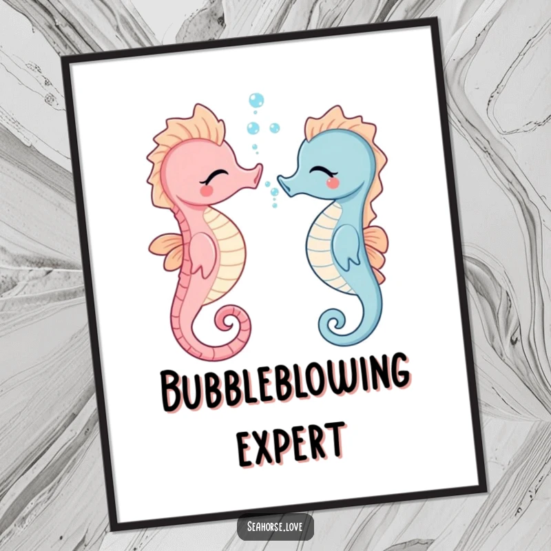 Funny giggling seahorse blowing tiny bubbles, available as a high-resolution digital art print for instant, humorous decoration.
