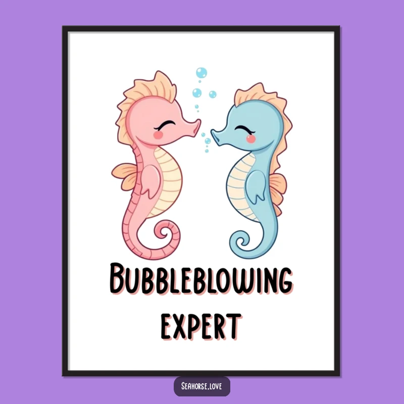 Funny Giggling Seahorse Digital Art Print - Playful Ocean Bubbles Decor