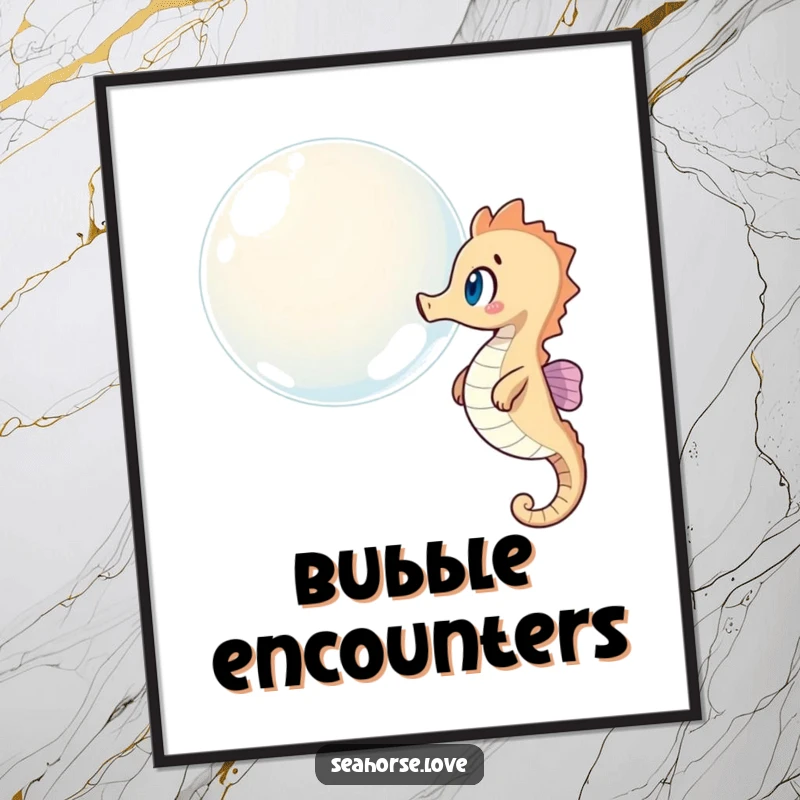 Funny digital art print of a surprised seahorse watching a giant bubble float by, adding whimsical decor.