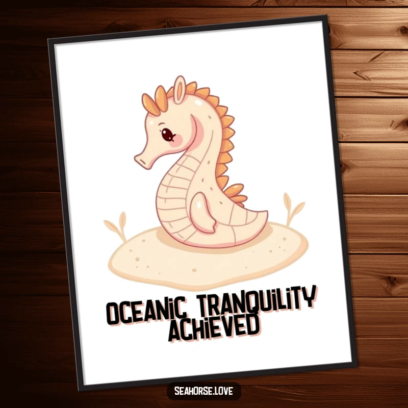 Funny digital art print of a serene seahorse resting on a sandy seabed, adding tranquil decor.