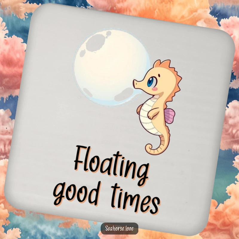 Funny drink coasters showing a surprised seahorse watching a giant bubble float by, protecting your furniture with whimsy.