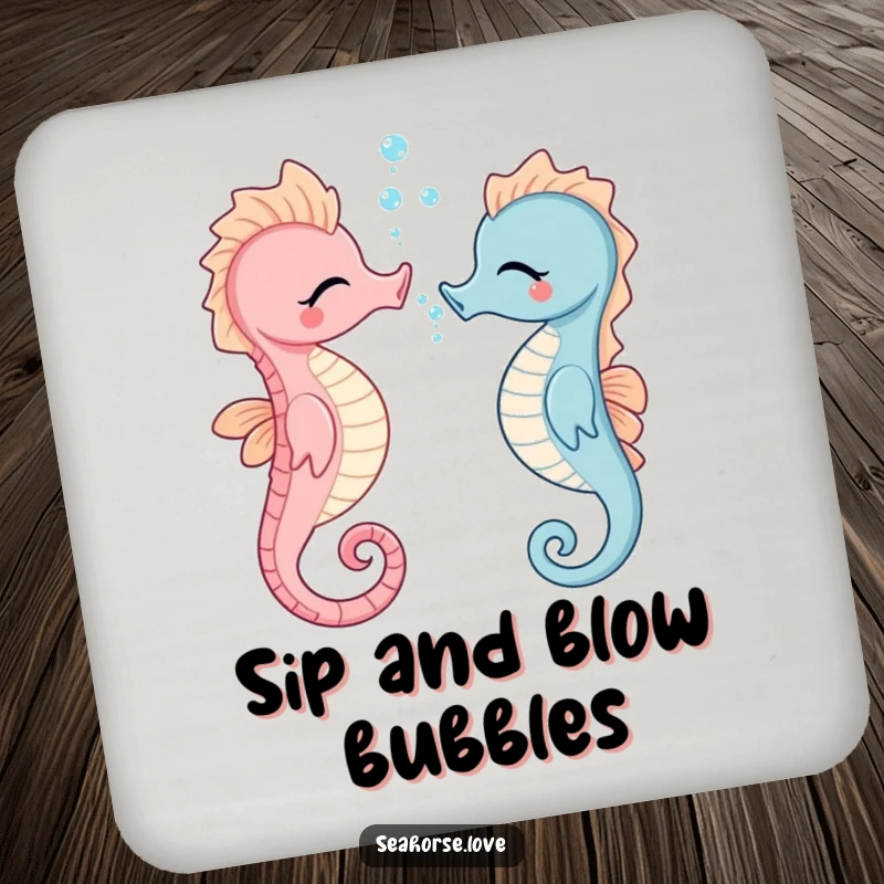 Funny giggling seahorse blowing tiny bubbles, printed on a protective drink coaster, adding a splash of ocean humor.