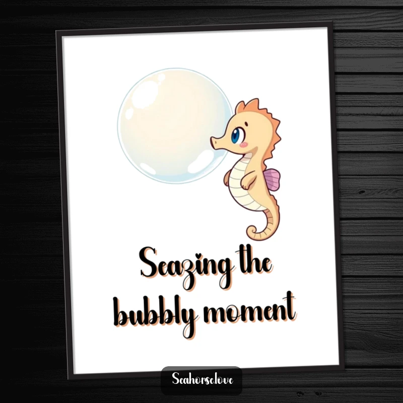 Funny Free Printable Wall Art: Seahorse with a surprised expression watching a giant bubble float by