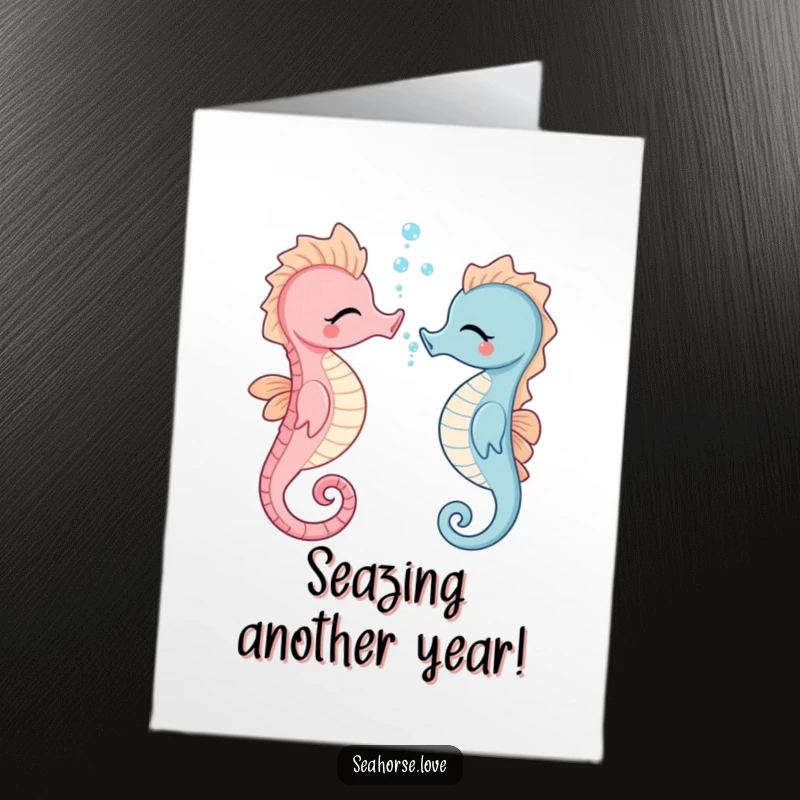 Funny Free Printable Birthday Card featuring a giggling seahorse playfully blowing bubbles, a guaranteed smile-maker.
