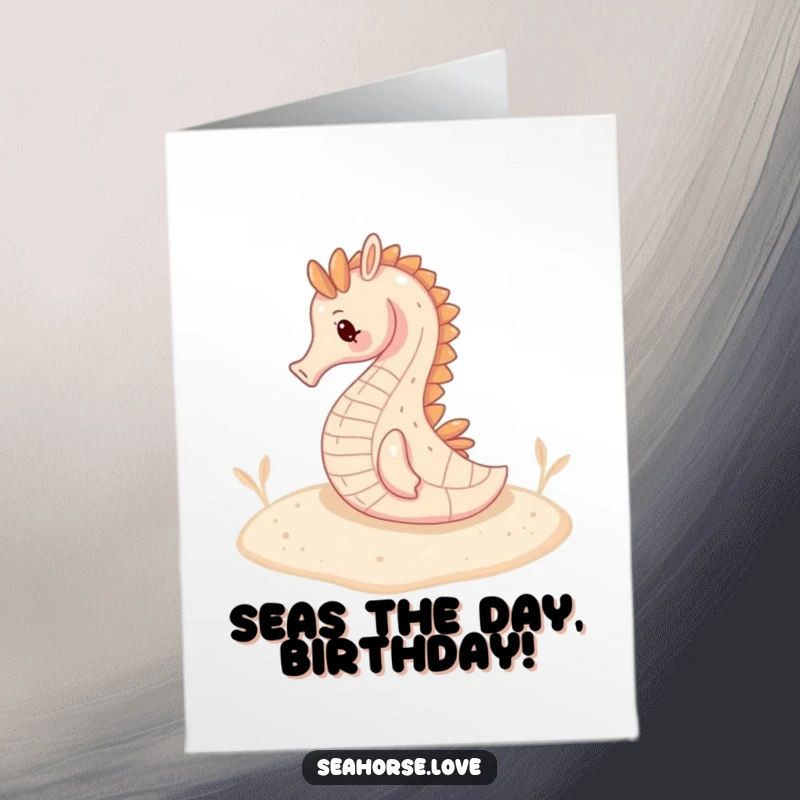 Peaceful Free Printable Birthday Card: Seahorse resting gently on a soft, sandy seabed