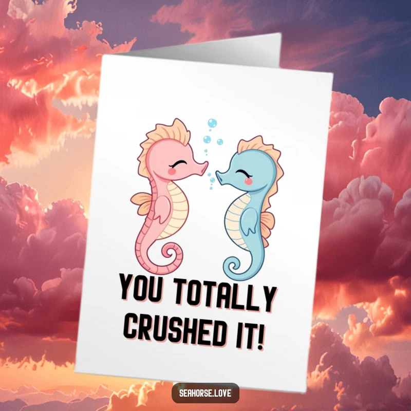 Free Printable Congratulations Card: Giggling seahorse artistically blowing bubbles to celebrate big achievements, a unique gift.