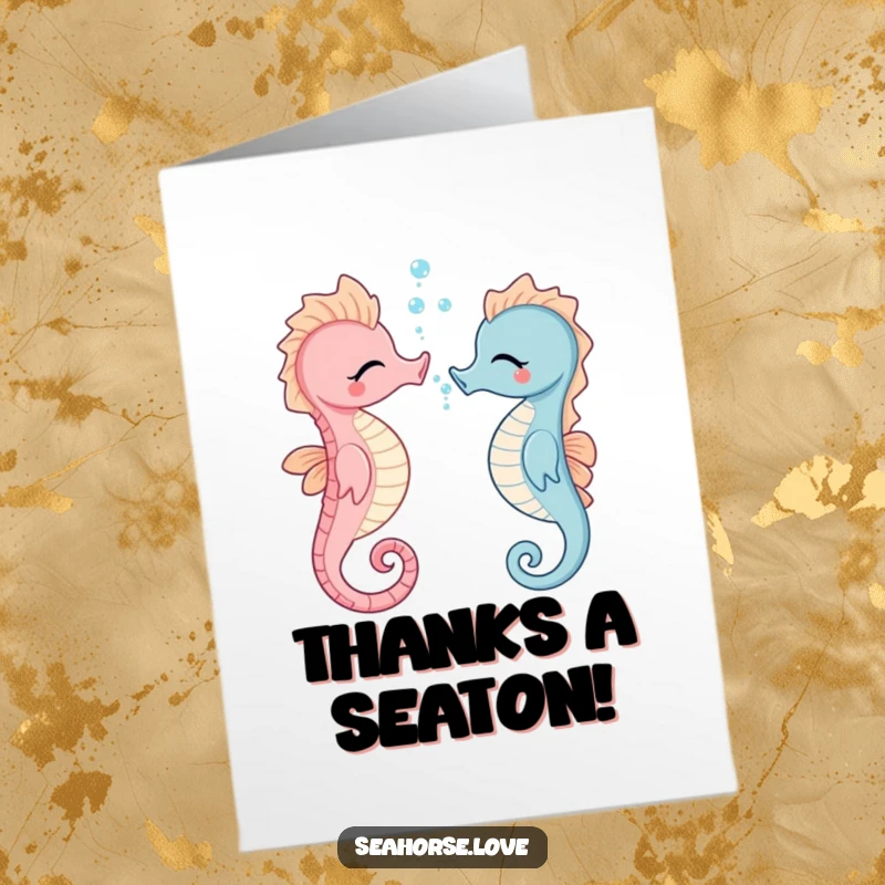 Funny Free Printable Thank You Card: A giggling seahorse sending cheerful bubbles as a thank you, a delightful surprise.