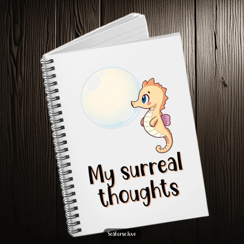 Funny notebook cover with a surprised seahorse observing a giant bubble floating by, inspiring creative ideas.