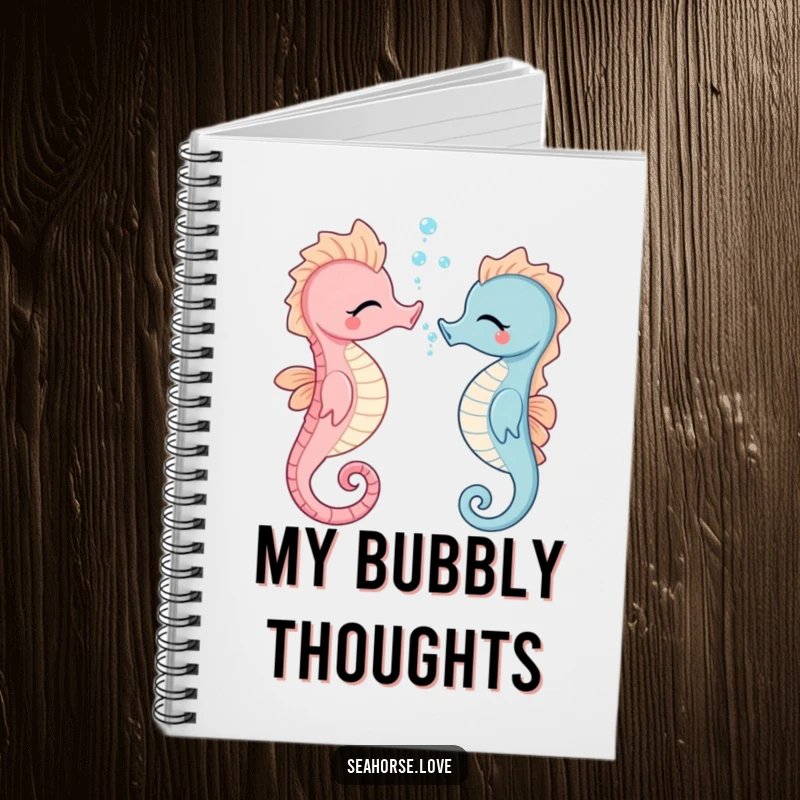 Funny giggling seahorse blowing tiny bubbles on the cover of a lined notebook, ideal for jotting down notes humorously.
