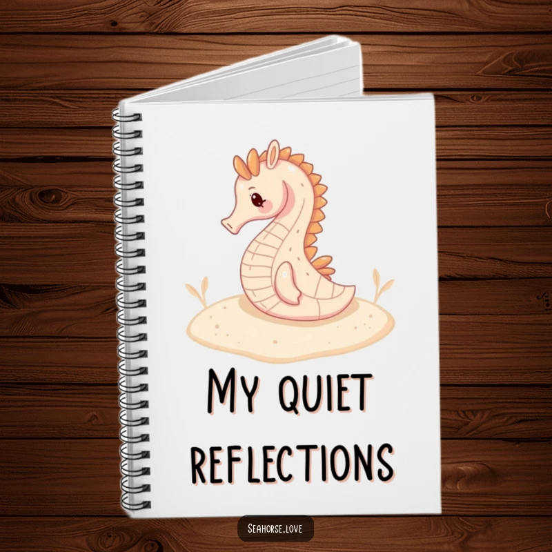 Funny notebook cover with a serene seahorse resting on a sandy seabed, inspiring calm writing.