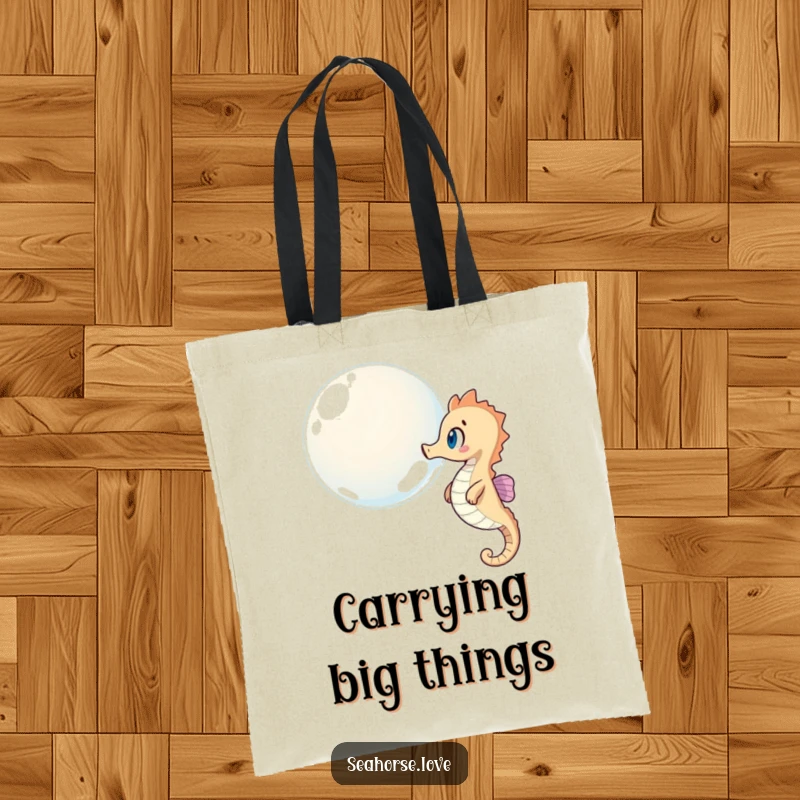Funny tote bag featuring a surprised seahorse watching a giant bubble float past, a charming ocean scene.