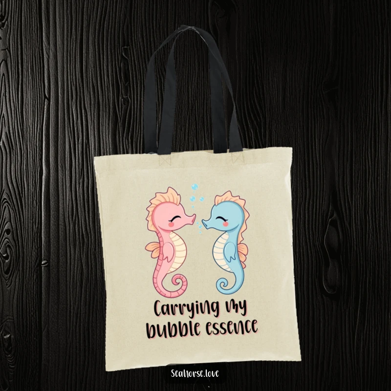 Funny seahorse blowing bubbles, designed on a durable tote bag, perfect for shopping or carrying daily items with humor.