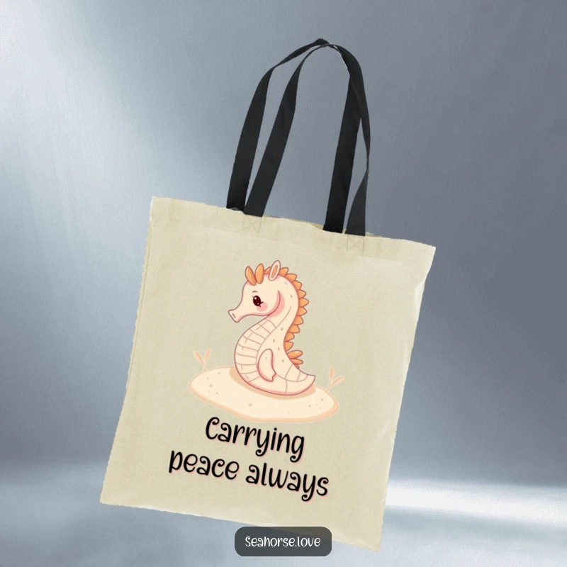Funny tote bag featuring a serene seahorse resting on a soft, sandy seabed, bringing peaceful vibes.